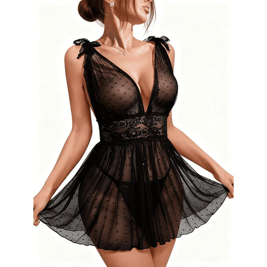 ValueVibe Lingerie for Women Sexy Polka Dots Lace Nighty - 1646