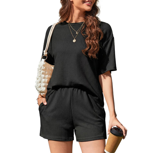 ValueVibe 2 Piece Lounge Sets for Women Short Sleeve Outfit Sets - 1658